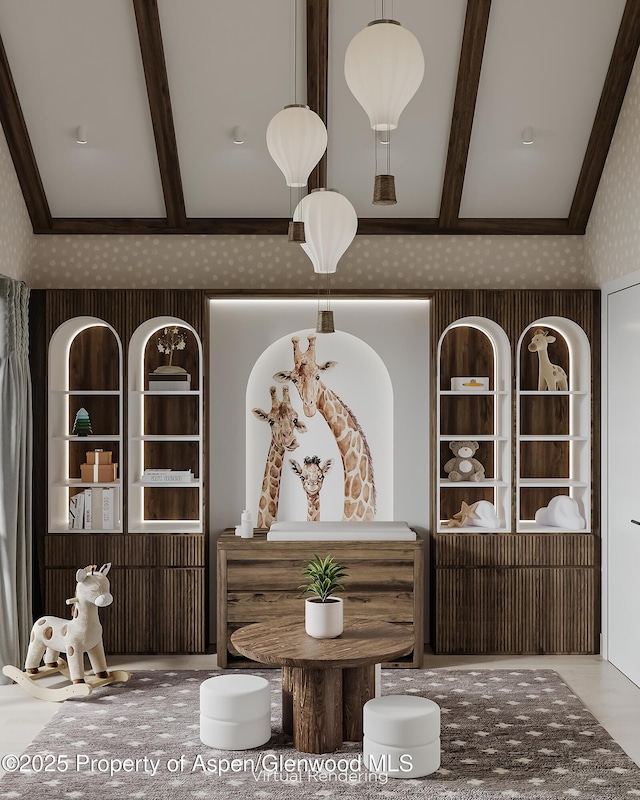 unfurnished dining area featuring beamed ceiling