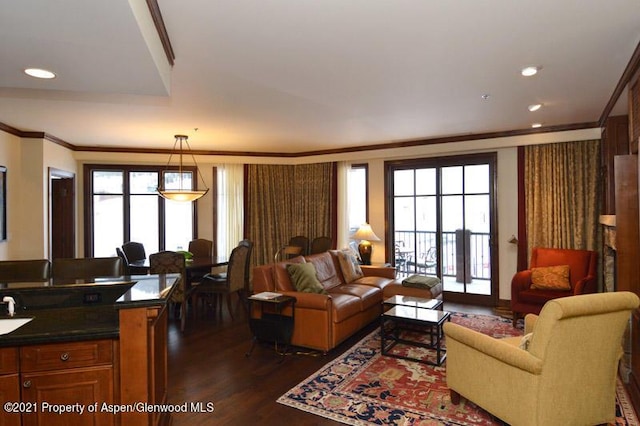 living room with dark hardwood / wood-style flooring and crown molding