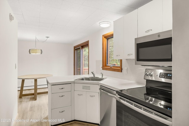 1501 Maroon Creek Rd # 2, Aspen, CO 81611 - kitchen with stainless steel appliances, a baseboard heating unit, white cabinetry, light countertops, and a peninsula