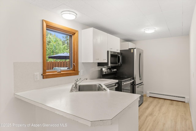 1501 Maroon Creek Rd # 2, Aspen, CO 81611 - kitchen with stainless steel appliances, a baseboard radiator, white cabinets, light countertops, and light wood-type flooring