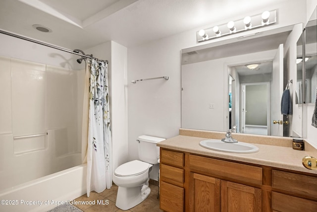 full bath featuring shower / bathtub combination with curtain, tile patterned flooring, vanity, and toilet