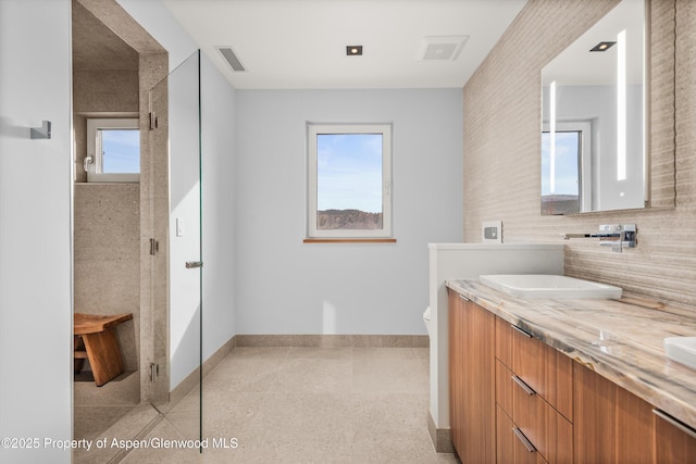 649 Saddleback Rd, Carbondale, CO 81623 - full bathroom featuring vanity, baseboards, toilet, and decorative backsplash
