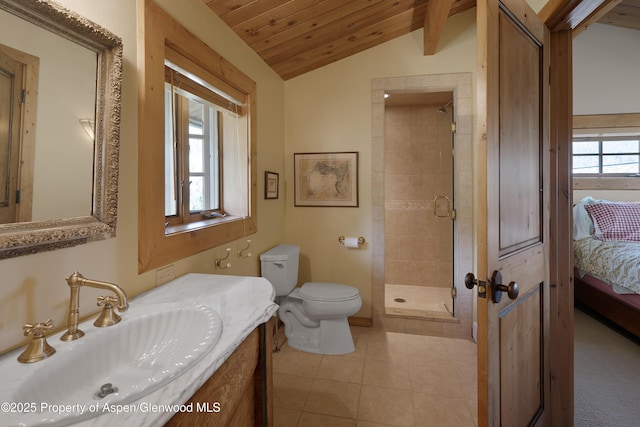 47 Mule Deer Run, Snowmass, CO 81654 - bathroom featuring vaulted ceiling, ensuite bath, wood ceiling, a shower stall, and tile patterned flooring