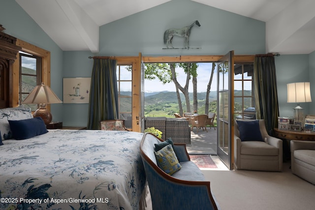 47 Mule Deer Run, Snowmass, CO 81654 - carpeted bedroom with vaulted ceiling, access to outside, and a mountain view