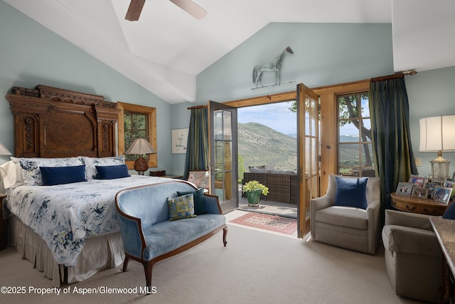 47 Mule Deer Run, Snowmass, CO 81654 - carpeted bedroom featuring access to outside, lofted ceiling, and a ceiling fan