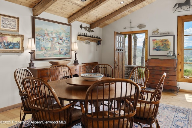 47 Mule Deer Run, Snowmass, CO 81654 - dining space with wooden ceiling, light wood-style flooring, and plenty of natural light