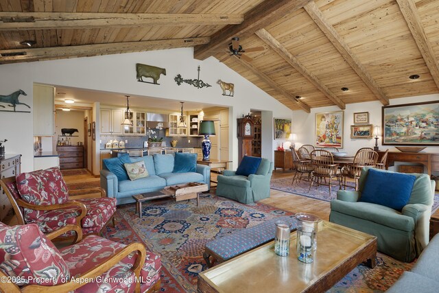47 Mule Deer Run, Snowmass, CO 81654 - living room with a wooden ceiling with exposed beams, light wood-type flooring, high vaulted ceiling, and ceiling fan