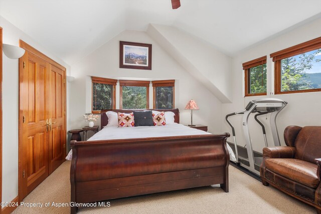bedroom with light carpet, multiple windows, vaulted ceiling, and ceiling fan