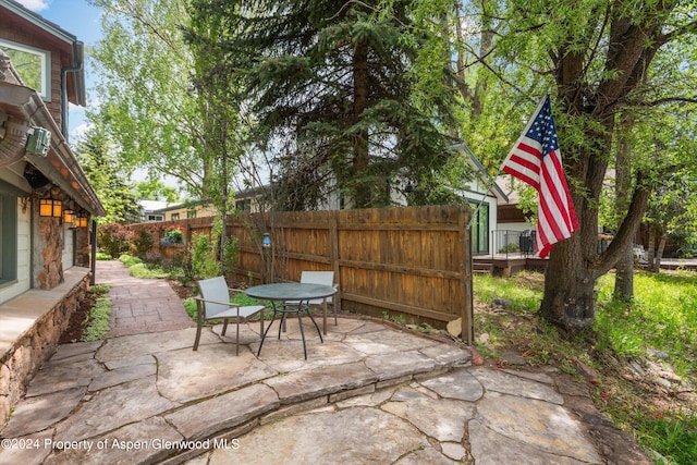 view of patio with a fenced backyard and outdoor dining area