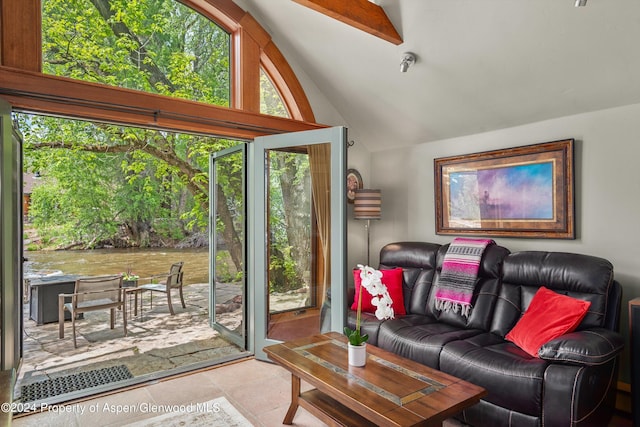 living room featuring high vaulted ceiling