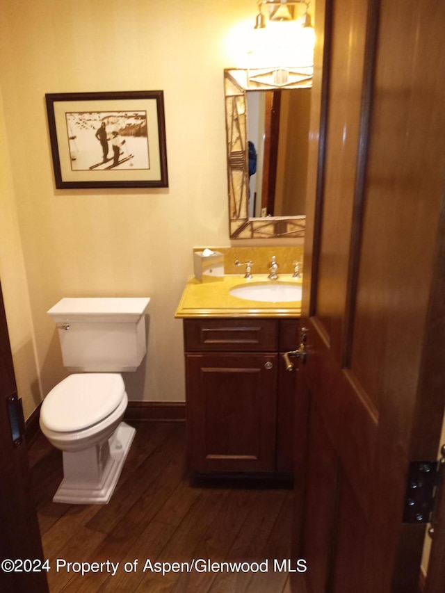 bathroom with vanity, wood-type flooring, and toilet