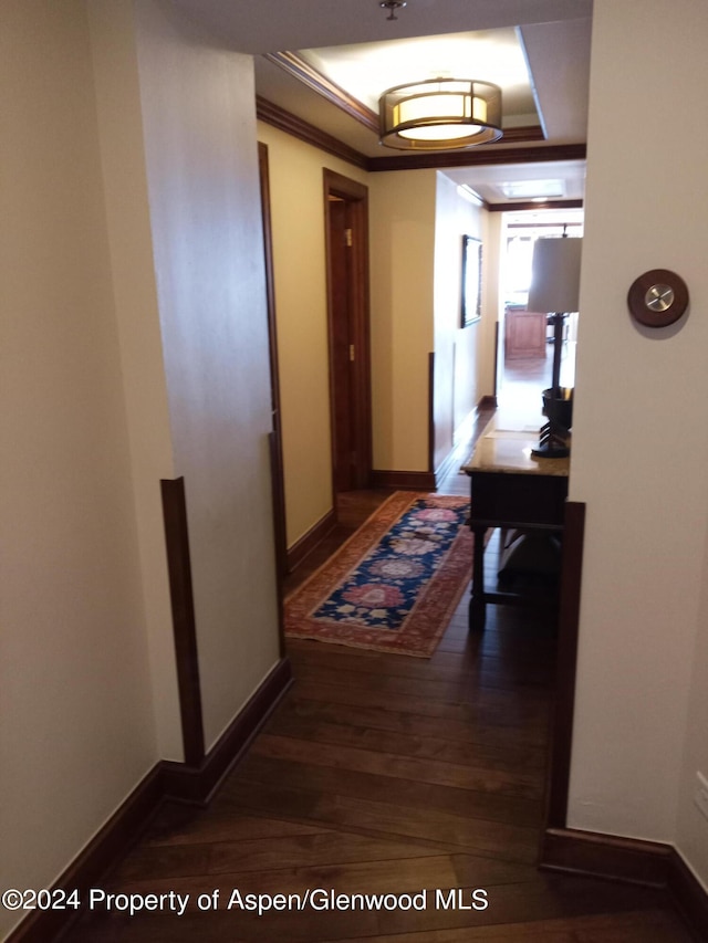 hallway with a tray ceiling, dark wood-type flooring, and ornamental molding