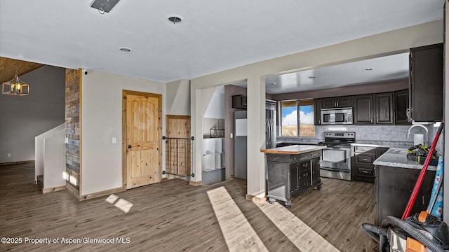 kitchen featuring wood finished floors, baseboards, tasteful backsplash, a sink, and appliances with stainless steel finishes