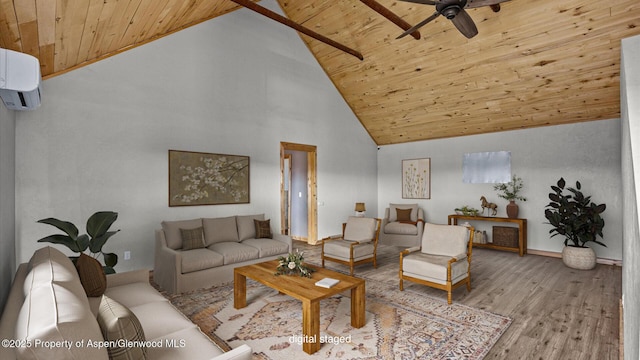 living room featuring wood finished floors, ceiling fan, high vaulted ceiling, an AC wall unit, and wood ceiling
