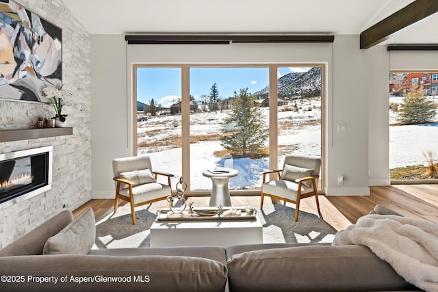 living area with lofted ceiling, baseboards, wood finished floors, and a stone fireplace