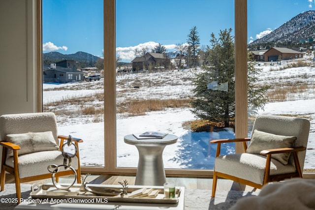 sitting room featuring wood finished floors and a mountain view