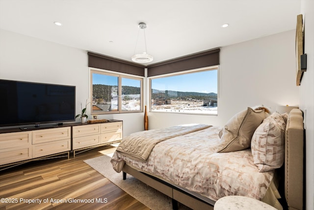 bedroom with wood finished floors and recessed lighting