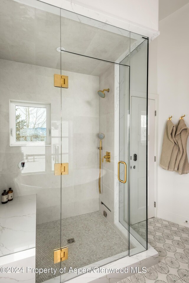 bathroom featuring a shower with shower door