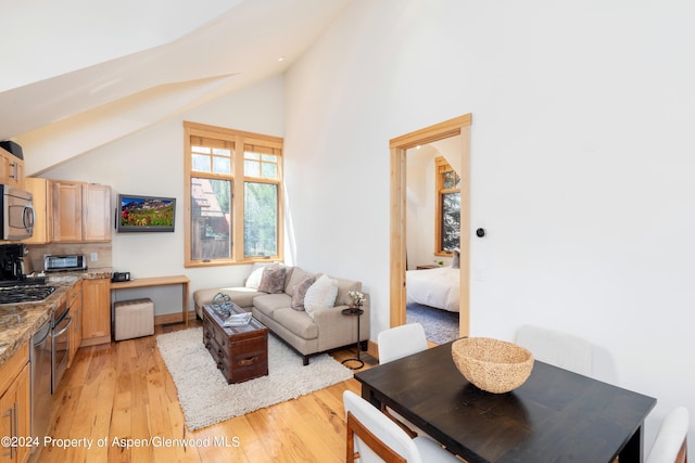 living room featuring light wood finished floors and high vaulted ceiling