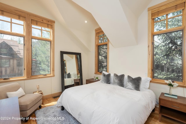 bedroom featuring baseboards and lofted ceiling