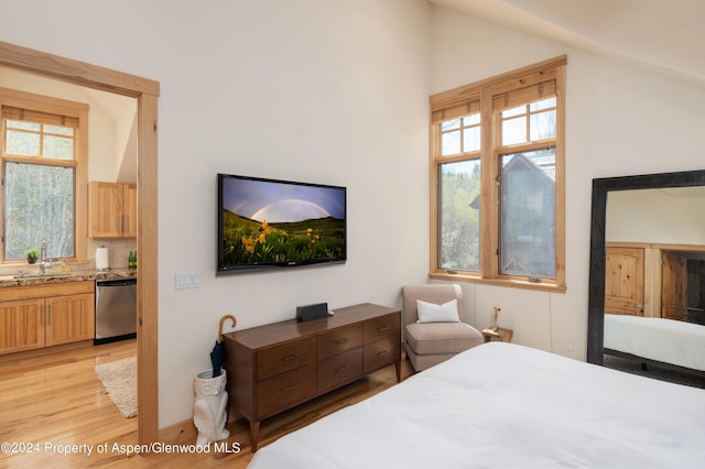 bedroom with multiple windows, light wood-type flooring, lofted ceiling, and a sink