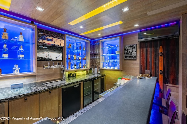 bar with a wall mounted AC, a sink, wooden ceiling, wet bar, and dishwasher