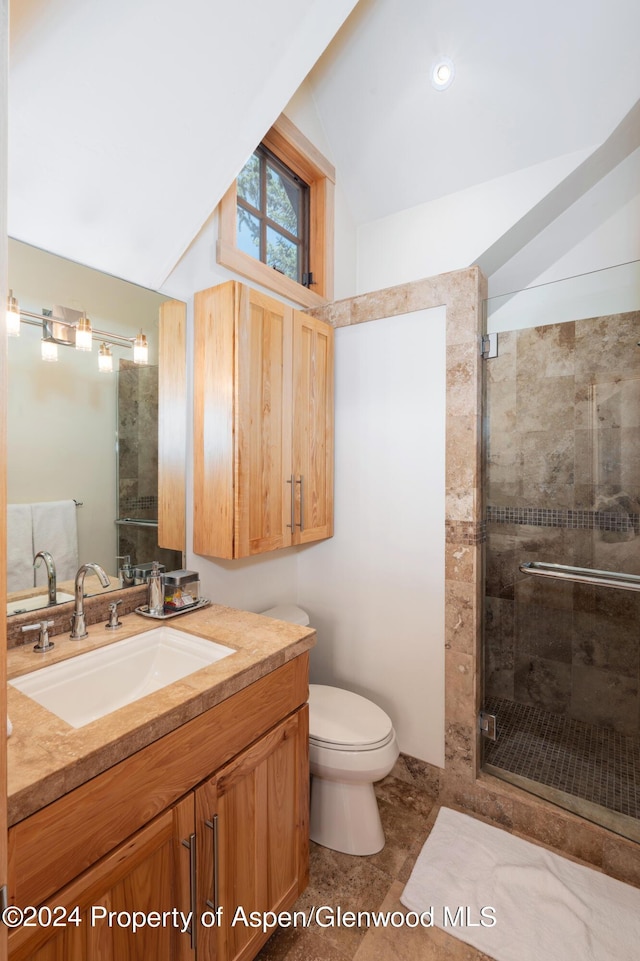 full bath featuring lofted ceiling, toilet, a stall shower, and vanity