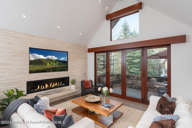 living area with recessed lighting, high vaulted ceiling, wood finished floors, and a fireplace