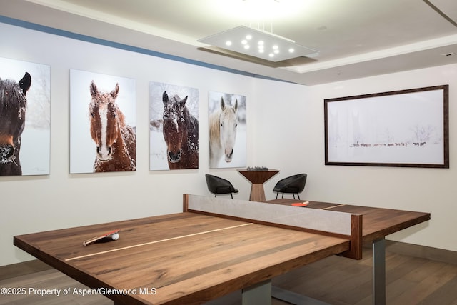126 Juan St, Aspen, CO 81611 - dining area featuring wood finished floors and a tray ceiling