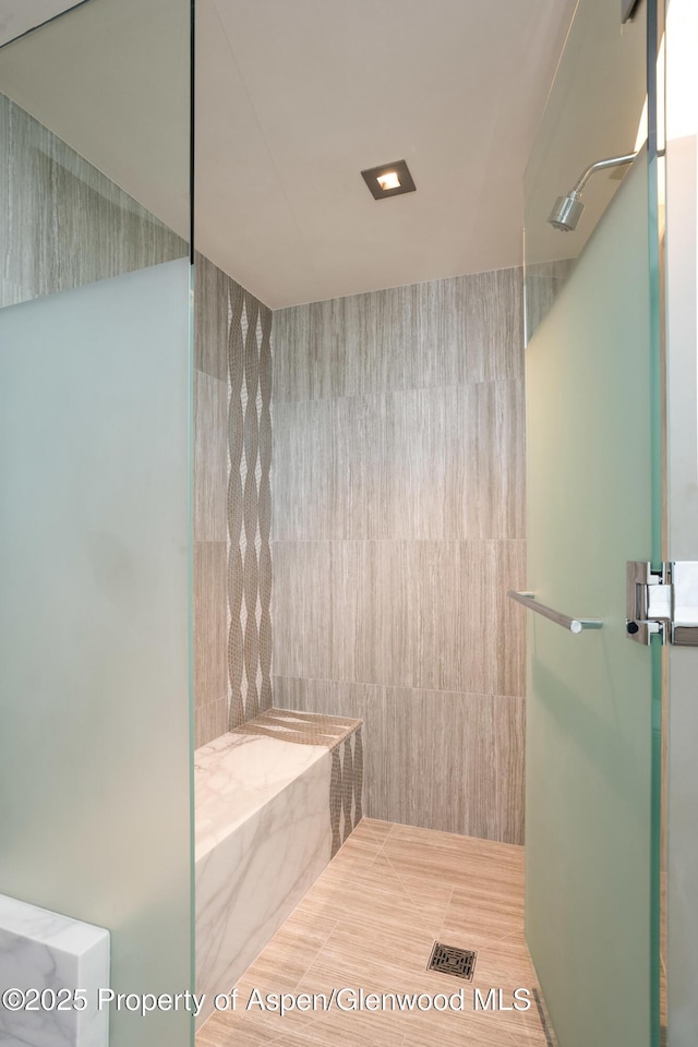 126 Juan St, Aspen, CO 81611 - bathroom with a shower with door, tile walls, and a tub