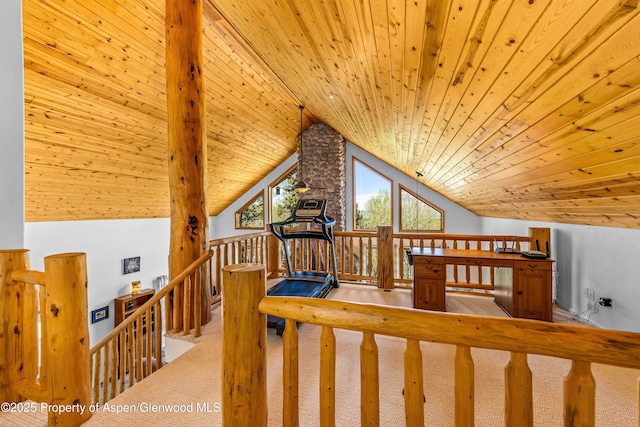 180 Ridge Rd, Gunnison, CO 81230 - interior space with an upstairs landing, carpet floors, wood ceiling, and vaulted ceiling