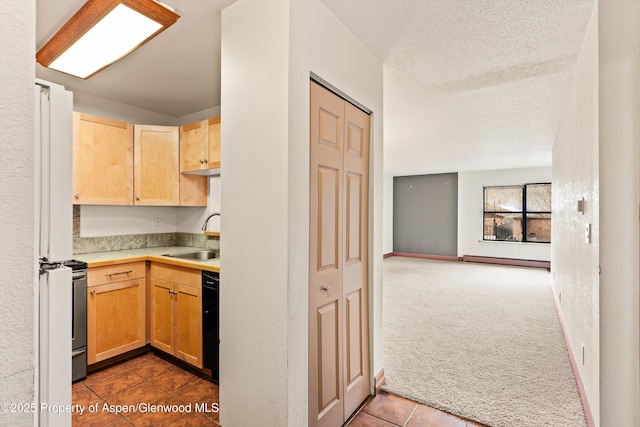 1527 Blake Ave Unit 209, Glenwood Springs, CO 81602 - kitchen featuring light brown cabinetry, light countertops, dark tile patterned floors, dark colored carpet, and range with electric stovetop
