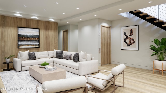 living room featuring recessed lighting and light wood-style floors