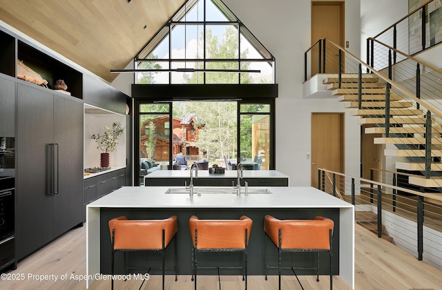 810 W Smuggler St, Aspen, CO 81611 - kitchen with high vaulted ceiling, light wood-style floors, gas stovetop, paneled refrigerator, and modern cabinets