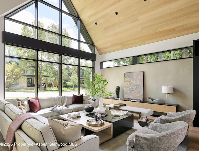 810 W Smuggler St, Aspen, CO 81611 - living room with high vaulted ceiling, wood ceiling, and wood finished floors