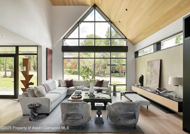 810 W Smuggler St, Aspen, CO 81611 - living area with high vaulted ceiling, wooden ceiling, wood finished floors, and plenty of natural light