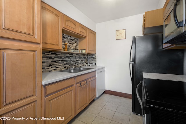 kitchen with sink, light tile patterned floors, white dishwasher, electric stove, and decorative backsplash