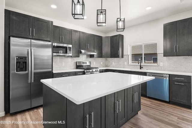 964 E 17th St, Rifle, CO 81650 - kitchen with appliances with stainless steel finishes, under cabinet range hood, a sink, backsplash, and a center island