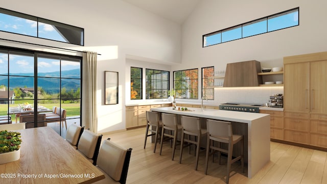956 Bald Eagle Way, Carbondale, CO 81623 - kitchen with open shelves, light wood-style floors, high vaulted ceiling, a kitchen island with sink, and light brown cabinetry