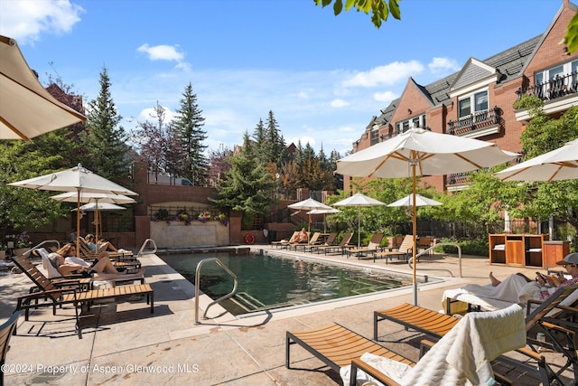 view of pool featuring a patio