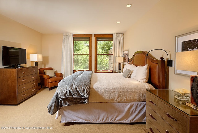 bedroom with light carpet