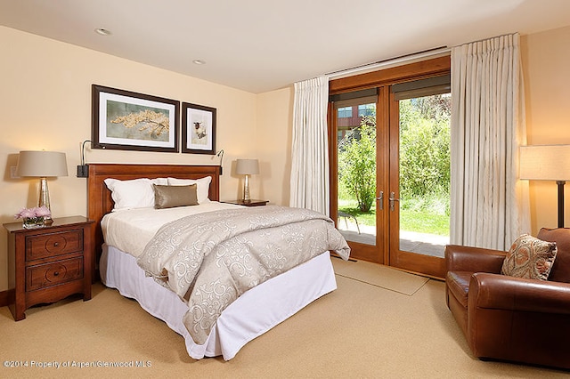 bedroom featuring access to exterior and light carpet