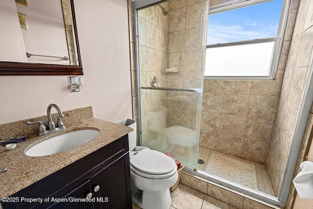 194 Hill Dr, Craig, CO 81625 - bathroom featuring toilet, a stall shower, a textured wall, and vanity
