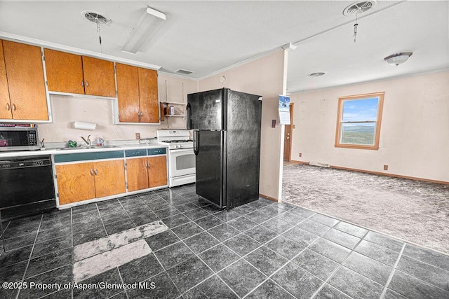 194 Hill Dr, Craig, CO 81625 - kitchen featuring black appliances, a sink, baseboards, light countertops, and crown molding