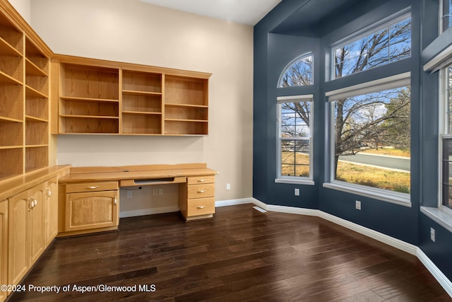 unfurnished office with built in desk and dark wood-type flooring