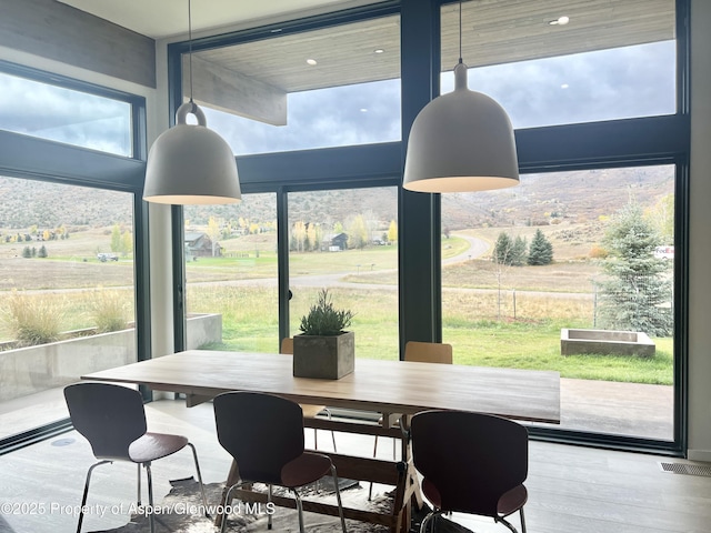 interior space featuring hardwood / wood-style flooring and a rural view