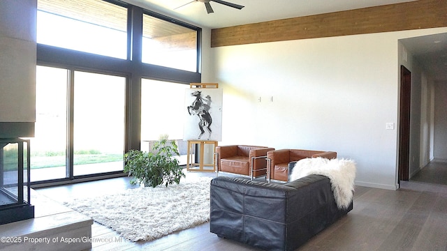 living room featuring hardwood / wood-style flooring and ceiling fan