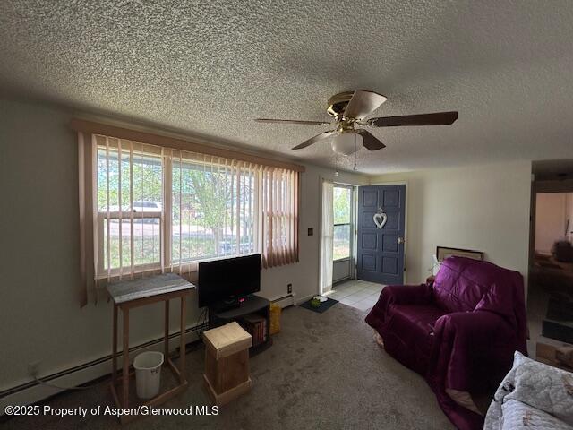 204 W 12th St, Craig, CO 81625 - carpeted living area featuring a baseboard heating unit, a textured ceiling, and a ceiling fan