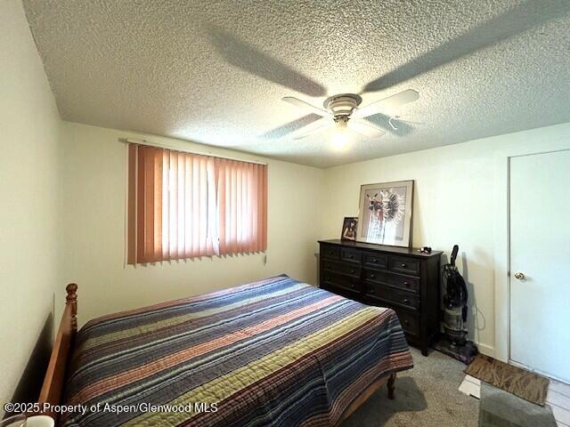 204 W 12th St, Craig, CO 81625 - bedroom with ceiling fan, a textured ceiling, and carpet flooring