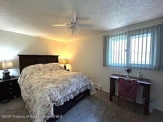 204 W 12th St, Craig, CO 81625 - bedroom with carpet, a textured ceiling, baseboard heating, and a ceiling fan
